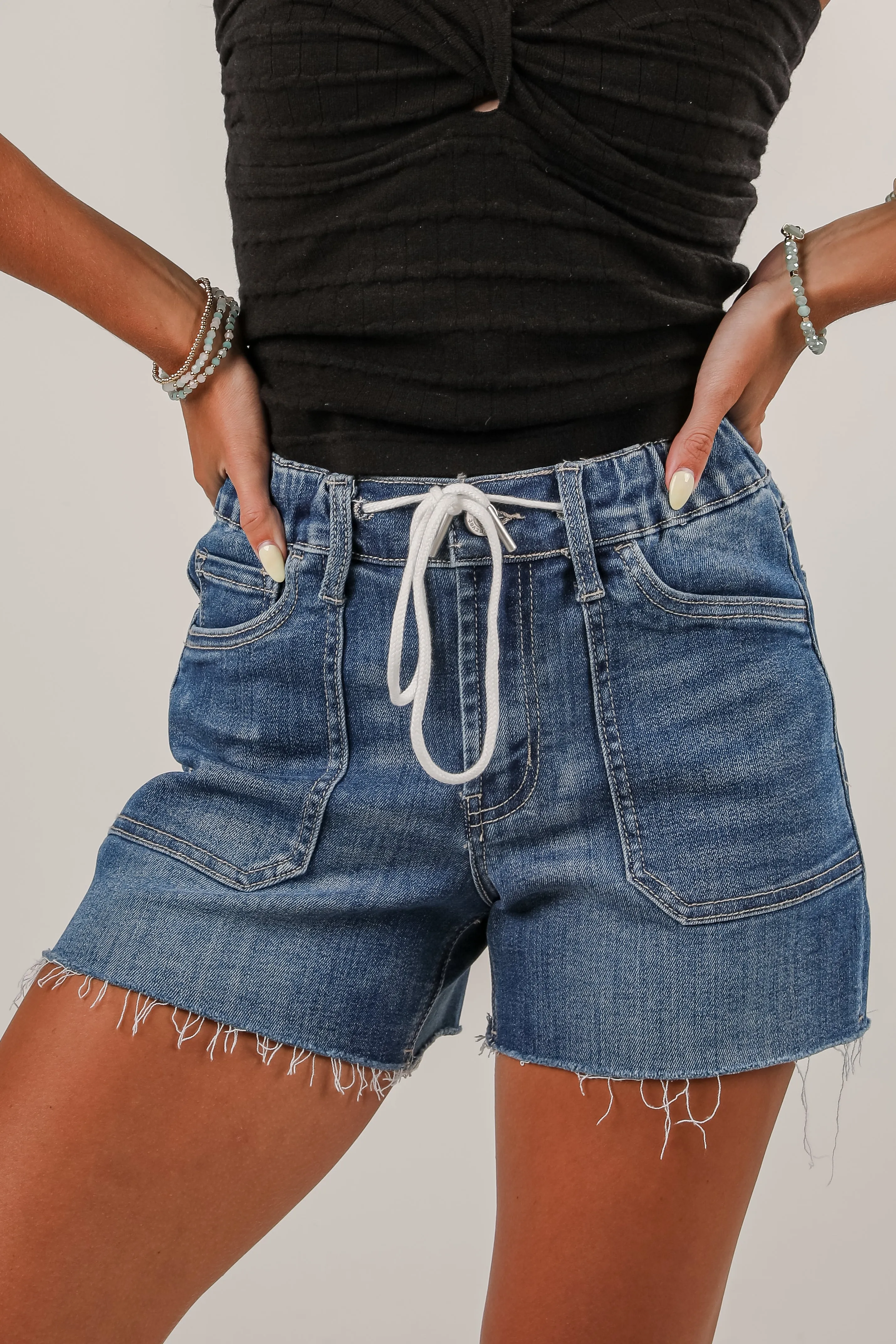 POKERACE99 Aubrey High-Rise Drawstring Denim Shorts medium wash