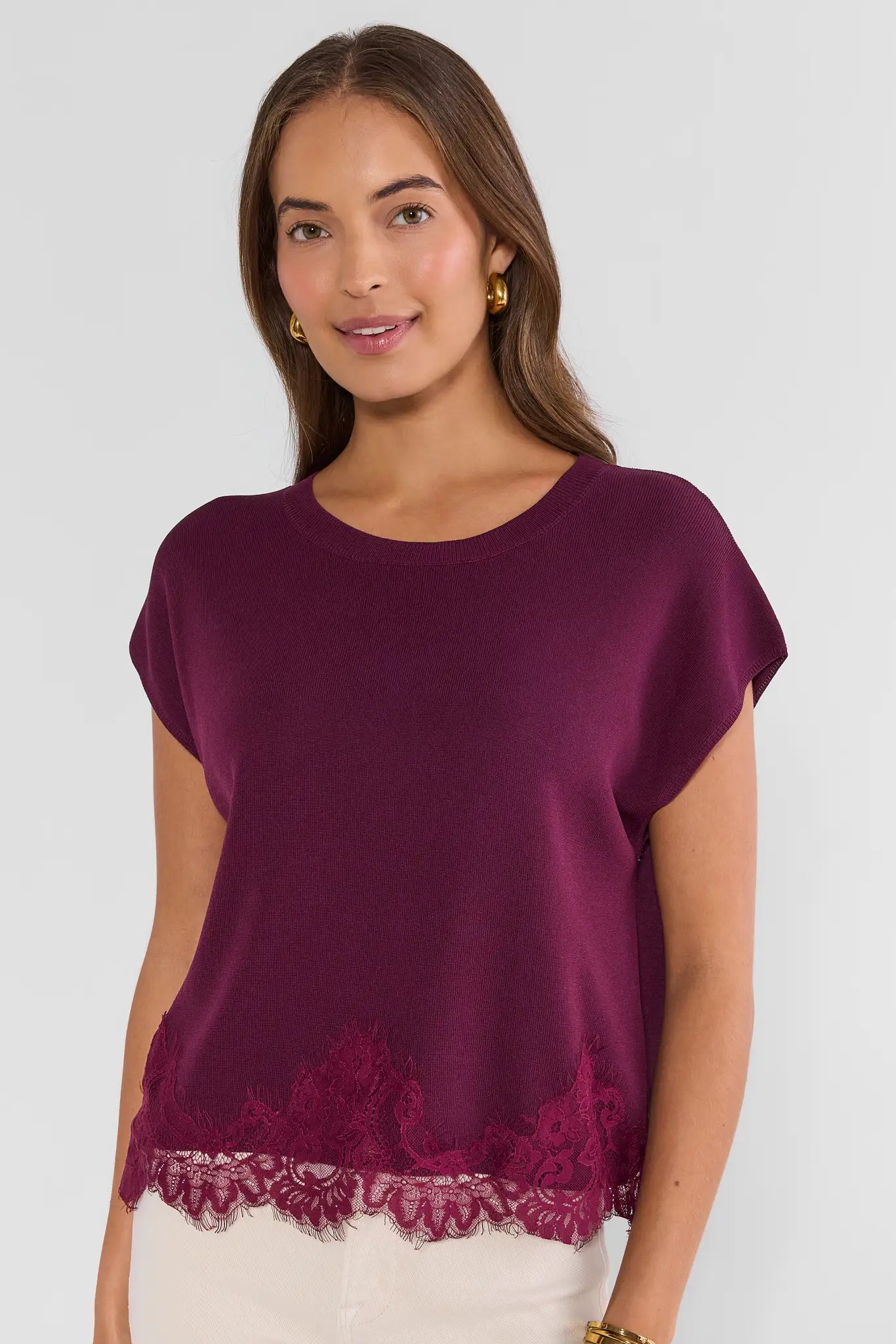 Burgundy Lace Trim Knit Top atasan rajut wanita mewah dari JET88BET