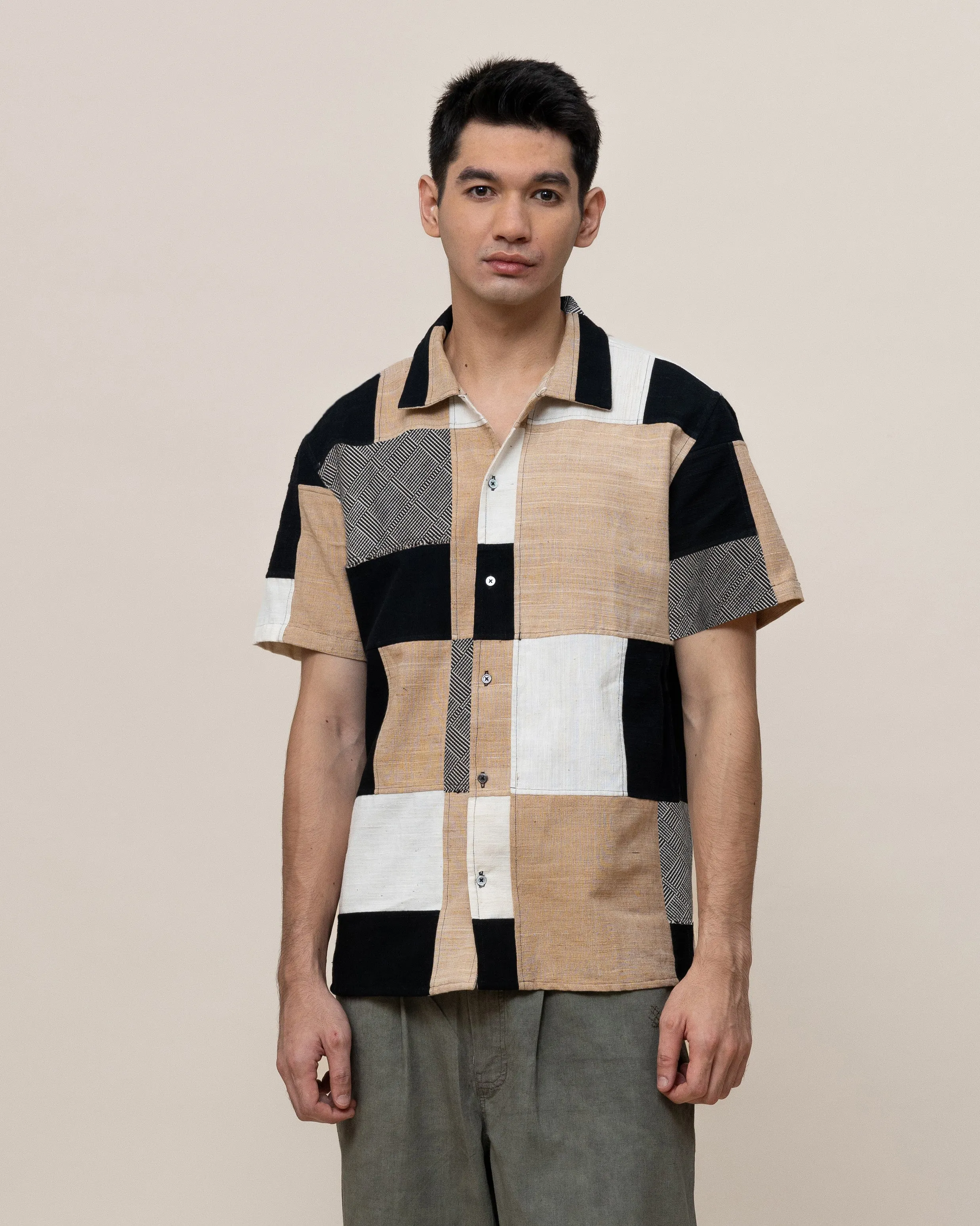 JET88BET Patchwork Nerd Shirt bahan kapas alami warna natural
