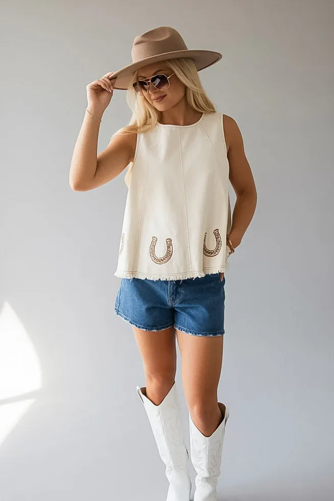 SURYA168 Lucky Trails Cream Embroidered Tank dengan aksen bordir
