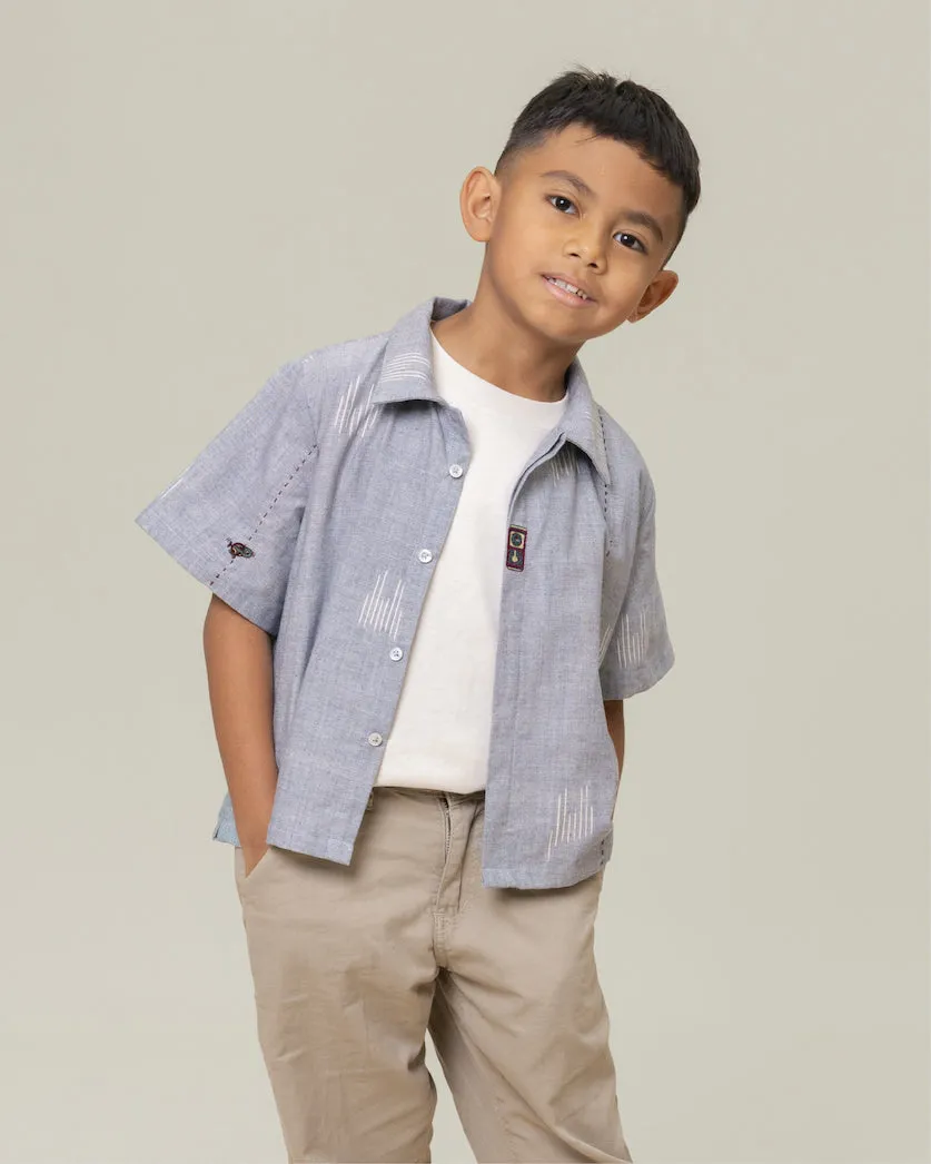 RUN113 Mini Nerd Shirt katun tenun tangan warna indigo ringan