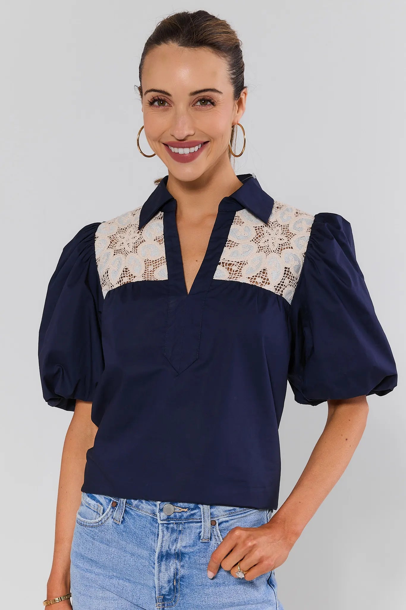 Penelope Navy Crochet Lace Top elegan dari JET88BET dengan detail renda crochet