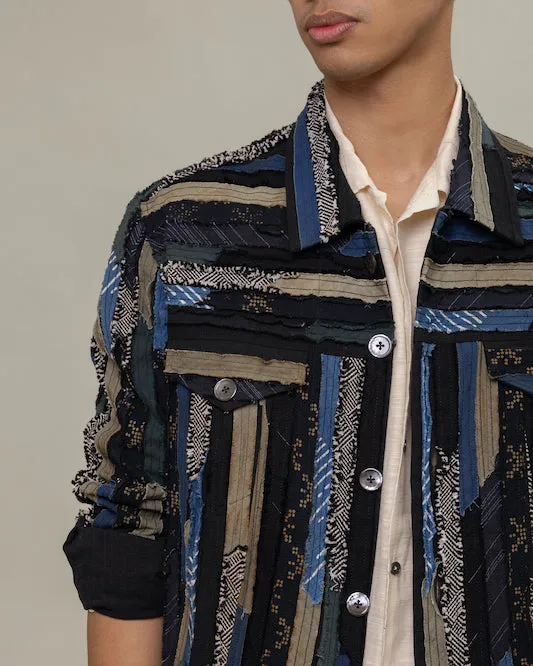 Denim Jacket Mix Dark Patchwork eksklusif dari PK1SLOT dengan detail warna indigo