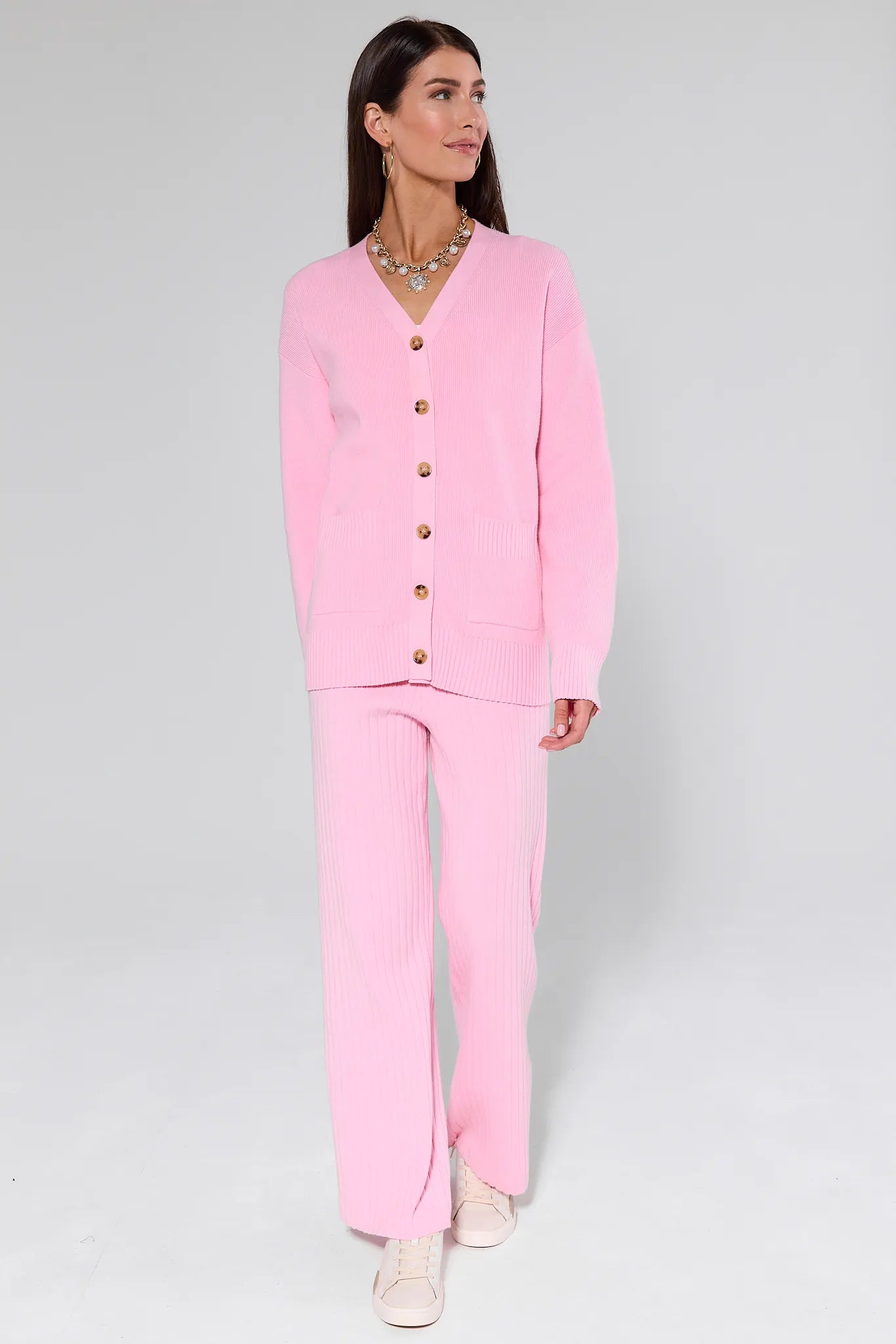 W69 Brianna Pink Ribbed Knit Pants celana rajut wide-leg warna pink yang nyaman