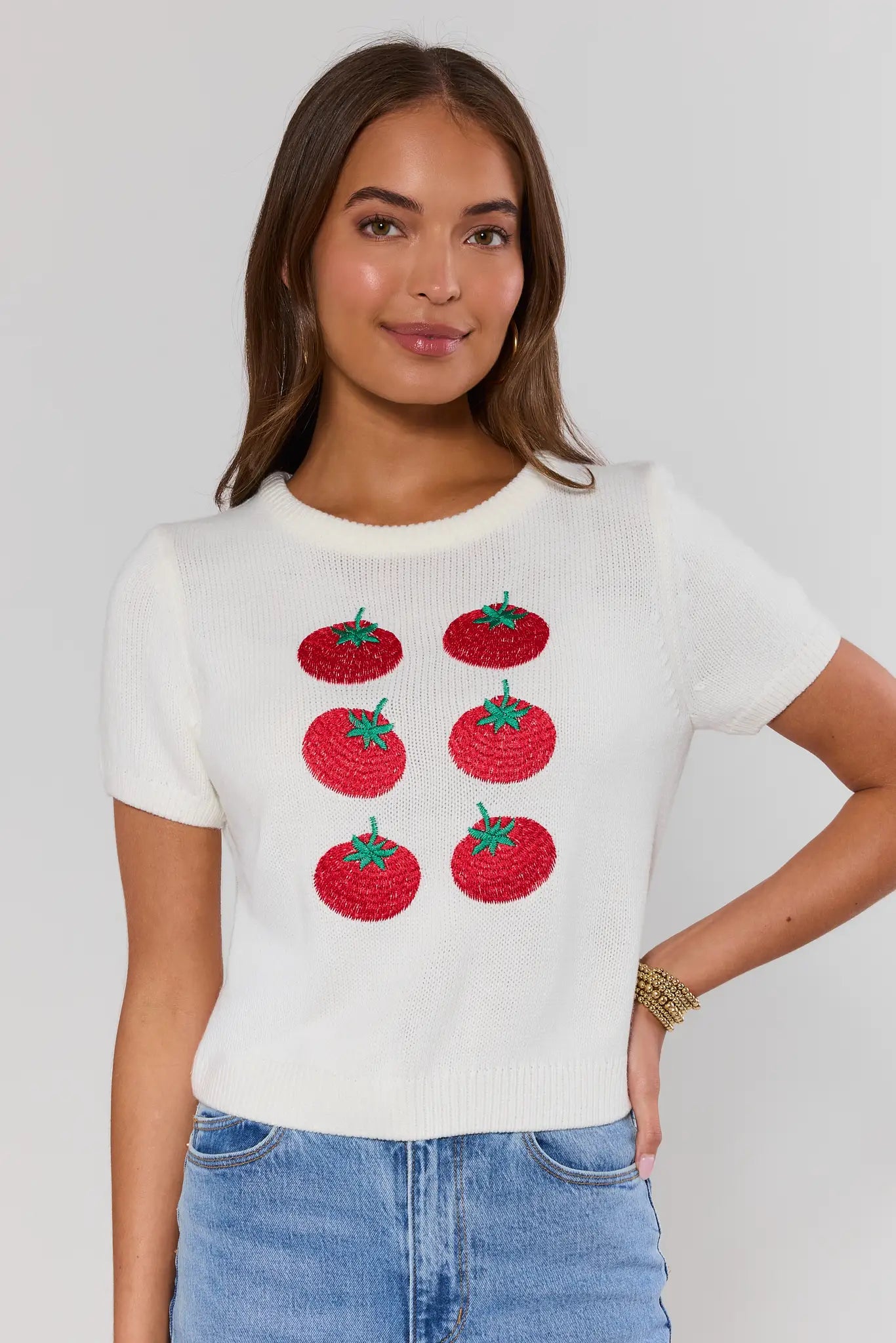 White Tomato Print Knit Top rajut wanita kasual dari RACUNTOTO