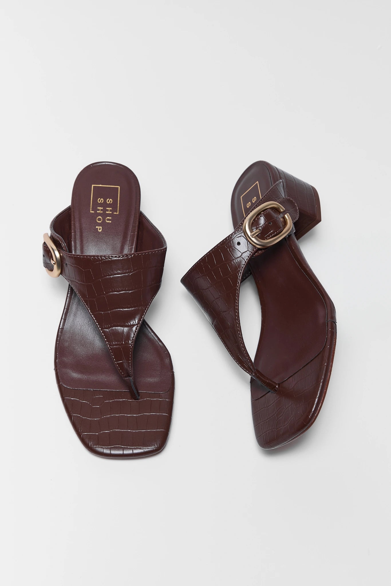 WINSORTOTO Elodie Brown Block Heel Sandals dengan detail faux croc dan buckle emas
